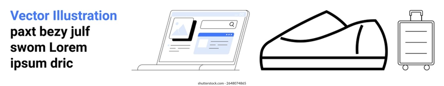Laptop com tela, fones de ouvido sem fio no estojo e mala com rodas. Ideal para viagens, tecnologia, gadgets, viagens de negócios, nômades digitais, viagens produtivas, estilo de vida. Página inicial