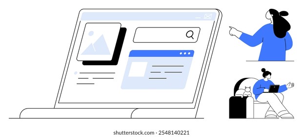 A laptop displaying a search engine interface with image and text placeholders Two users interact with technology, one pointing at the screen and one working on a laptop Ideal for technology online