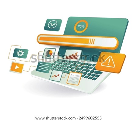 A laptop displaying a search icon and various icons on the screen