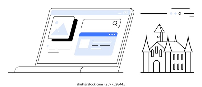 Laptop displaying search results with images and text adjacent outline of a castle. Ideal for education, architecture, historical research, tourism promotion, digital learning, online courses