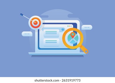 Laptop displaying search results with maps and location pins, focused on targeting specific audiences for local business optimization