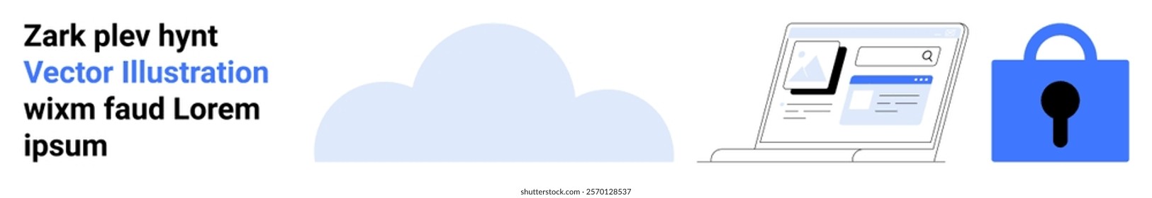 Laptop displaying secure data with a cloud icon and a blue padlock. Ideal for cybersecurity, cloud computing, data protection, digital storage solutions, and online security. Banner for landing page