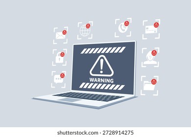 Laptop exibindo um aviso de segurança com ícones para e-mails invadidos, fraude de cartão de crédito e phishing. Ilustração vetorial plana de crimes cibernéticos, violação de dados e proteção do sistema digital.