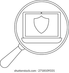 Ein Laptop mit einem Schildsymbol wird durch eine Lupe angezeigt