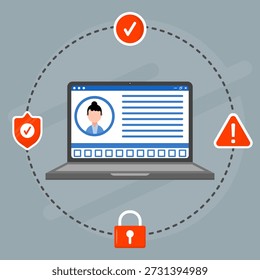 Portátil que muestra el perfil de usuario con iconos de seguridad. Concepto de protección de datos, verificación de usuarios, control de privacidad, sistema de seguridad en línea y gestión de identidad digital.