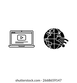 Ein Laptop mit einem Videosymbol und einem Globus mit einem WiFi-Symbol, das den globalen Online-Videozugriff darstellt.