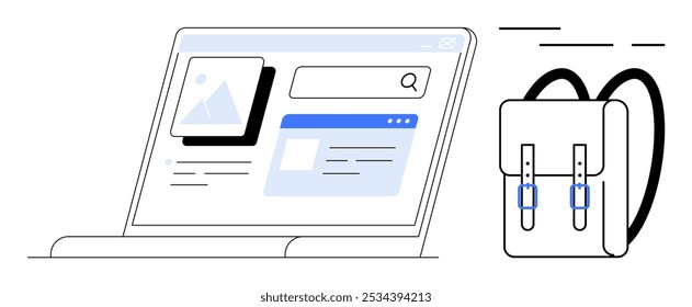 Laptop displaying a webpage and a backpack. Ideal for remote learning online education modern studies digital tools student life. Simple clean minimalistic style