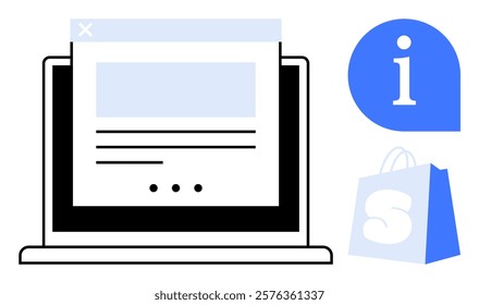 Laptop displaying a webpage, blue information icon, and shopping bag highlight themes of online shopping and information access. Ideal for ecommerce, education, web design, digital marketing