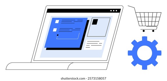 Laptop displaying a webpage with ecommerce icons like a shopping cart and gear. Ideal for online shopping, website development, user interface design, ecommerce solutions, and digital marketing