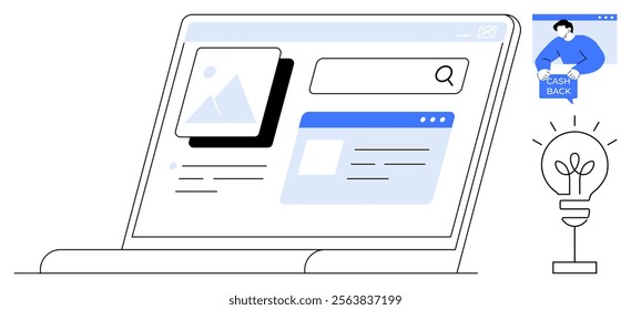 Laptop displaying a website with a search bar and webpage layout. Beside it, a person highlighting cashback offers and a lightbulb symbol. Ideal for web design, online business, e-commerce, digital