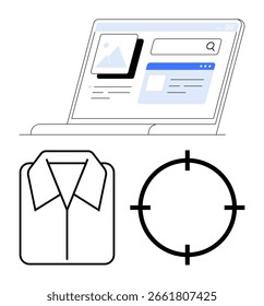 Laptop displaying a website with search and image features, accompanied by a shirt icon and targeting symbol. Ideal for e-commerce, online stores, virtual shopping, product search, SEO, web design