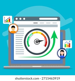 Notebook com análise de velocidade do site e ícones do usuário, perfeito para blogs técnicos ou materiais de marketing. Adequado para desenvolvimento web ou conteúdo seo.