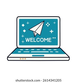 A laptop displaying a welcome message ideal for web design and application interfaces.