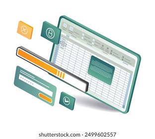 A laptop displaying an xls dashboard with a spreadsheet and various icons