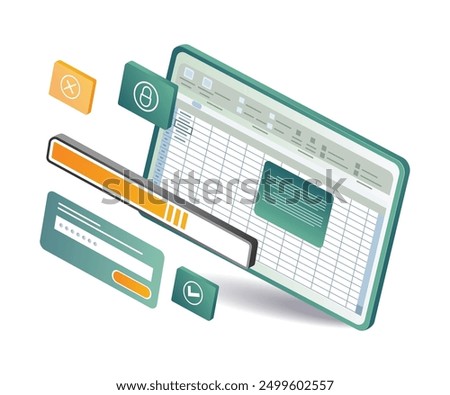 A laptop displaying an xls dashboard with a spreadsheet and various icons