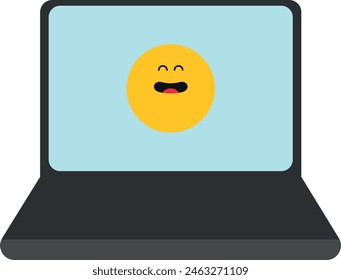 Laptop displaying a yellow emoji with closed eyes and a big smile on a light blue background.