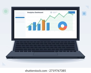 A laptop displays an analytics dashboard with bar graphs, line charts, and pie charts. The workspace highlights data tracking and performance analysis.