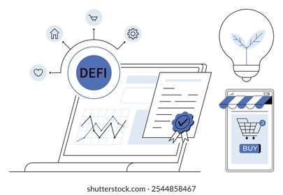 Um notebook exibe um gráfico e DeFi, um smartphone mostra um carrinho de compras on-line e um documento com um selo azul representa o gerenciamento de contratos. Ideal para finanças, comércio eletrônico, tecnologia, digital