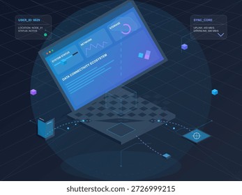 Una computadora portátil muestra un ecosistema de conectividad de datos con Estado del usuario, detalles de la red e información de almacenamiento. Elementos infográficos lo rodean, ilustrando las conexiones y el rendimiento del sistema.