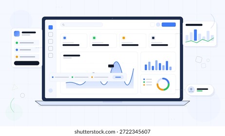 A laptop displays a data visualization platform that shows various graphs and charts. The screen features metrics and interface elements that help users analyze data.