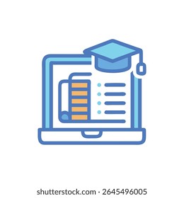 A laptop displays a graduation cap and online courses, modern flat design style.