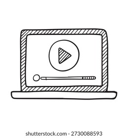 Laptop displays media player interface with play button and progress bar