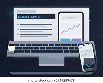 Una computadora portátil muestra una interfaz de App móvil. Hay un teléfono inteligente al lado que muestra un mensaje de éxito. Una taza de café se sienta al lado de la computadora portátil, lo que indica una sesión de trabajo.