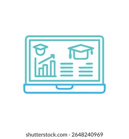 A laptop displays online education data with growth chart and graduation cap symbols in a flat design.