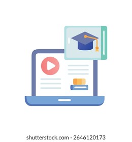 A laptop displays an online learning platform with a graduation cap icon. Flat vector graphic design.