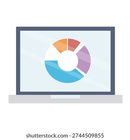 Laptop displays pie chart graphic Analysis and information are displayed on the screen Presentation of the pie chart Data visualization for reports