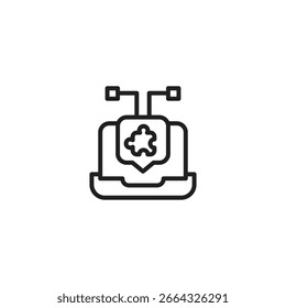 Una computadora portátil muestra una burbuja de discurso que contiene un símbolo de nube, conectado a dos Pequeños cuadrados. Representa el software basado en la nube, los servicios en línea o el acceso remoto a través de una computadora.