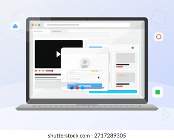 A laptop displays a user interface featuring a video player and several clickable elements. The layout shows options for user engagement and content viewing.