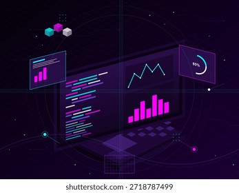 A laptop displays various graphs and data visualizations. Lines and shapes appear in bright colors to show data trends and statistics. The setting highlights technology and information analysis.