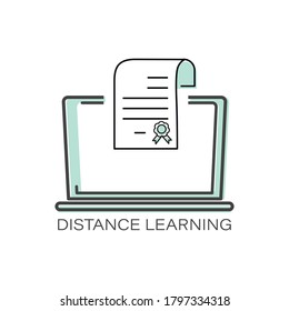 laptop. Distance education. Vector line icon. Diploma. Education, academic degree. Outline symbol for internet and online education, websites, web design, mobile app. Vector illustration