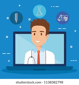 Laptop With Doctor Character And Telemedicine Icons