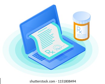 The laptop, doctor online writes the medical prescription, pill bottle. Flat vector isometric illustration. The telemedicine and telehealth, online medicine, internet healthcare, tele health concept.