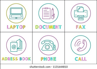 Laptop and document, fax and address book. Phone and call icons set. Device with screen and buttons gadget and page isolated on vector illustration