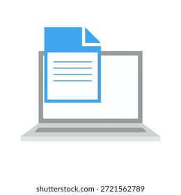 Notebook com ícone de documento, ilustração vetorial plana e limpa mostrando o conceito de trabalho digital e gerenciamento de arquivos, ideal para tecnologia de escritório, interface do usuário do site, negócios on-line e conteúdo de produtividade.