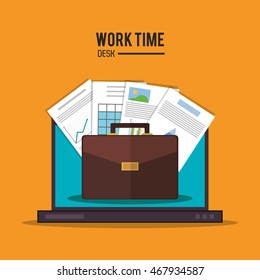 laptop document infographic suitcase office work time supply icon. Colorfull and flat illustration, vector