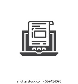 Laptop with document, invoice icon vector, filled flat sign, solid pictogram isolated on white. Symbol, logo illustration