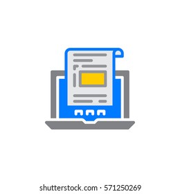 Laptop with document, invoice icon vector, filled flat sign, solid colorful pictogram isolated on white. Symbol, logo illustration