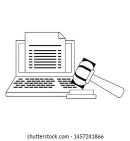 Laptop with document and justice gavel symbol in black and white vector illustration