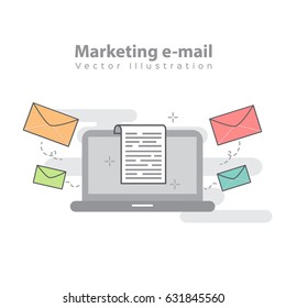 Laptop with document on screen. E-mail, email marketing, internet advertising concepts. Flat design vector illustration