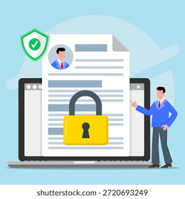 Laptop, Dokument, Vorhängeschloss Schild, und Mann Figur. Perfekt für Cybersicherheitskonzepte, Datenschutz und Online-Visuals zum Datenschutz.