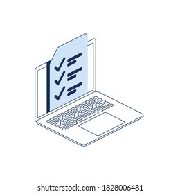Laptop document plan list checkmark. Vector 3d line isometric, color web icons set, new flat style. Creative illustration, idea for infographics.