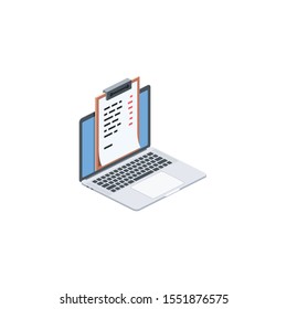 Laptop document price list. Vector 3d isometric, color web icon, new flat style. Creative illustration design, idea for infographics.