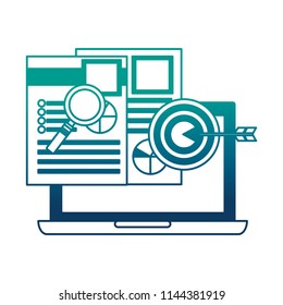 laptop document reports magnifying glass target marketing