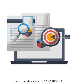 laptop document reports magnifying glass target marketing