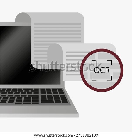 Laptop document scan. Optical recognition vector. Ocr text symbol. Digital file processing. EPS 10.