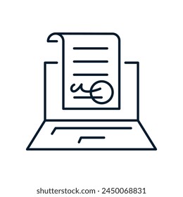 Laptop, Dokument, Stempel. Online-Zertifikatkonzept. Linearsymbol der Vektorgrafik auf weißem Hintergrund.
